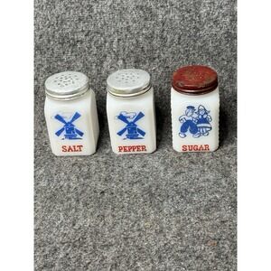 VTG Windmill Dutch Milk Glass Hazel Atlas / Mckee Salt Pepper Sugar Shakers
